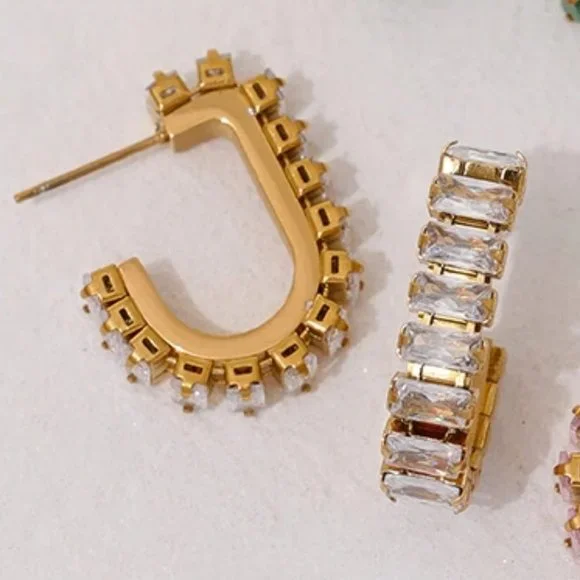 NEW 18K Gold Plated Baguette Diamond Hoop Earrings - Picture 2 of 5